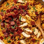 One pot chicken risoni with crispy salami in a creamy tomato parmesan sauce served in a white bowl