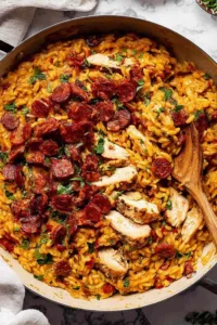 One pot chicken risoni with crispy salami in a creamy tomato parmesan sauce served in a white bowl