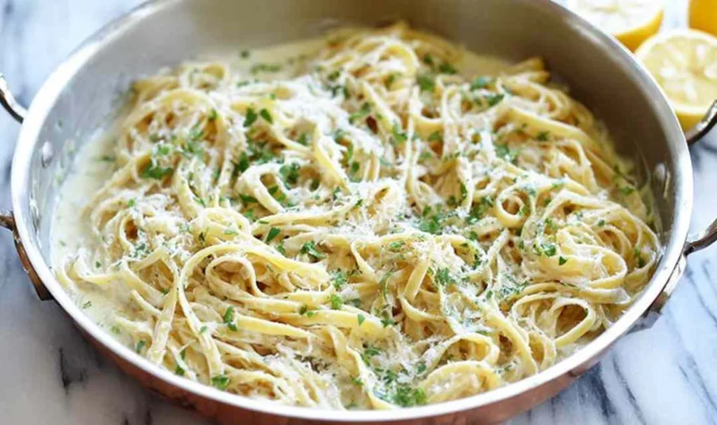 one pot garlic parmesan pasta in a skillet