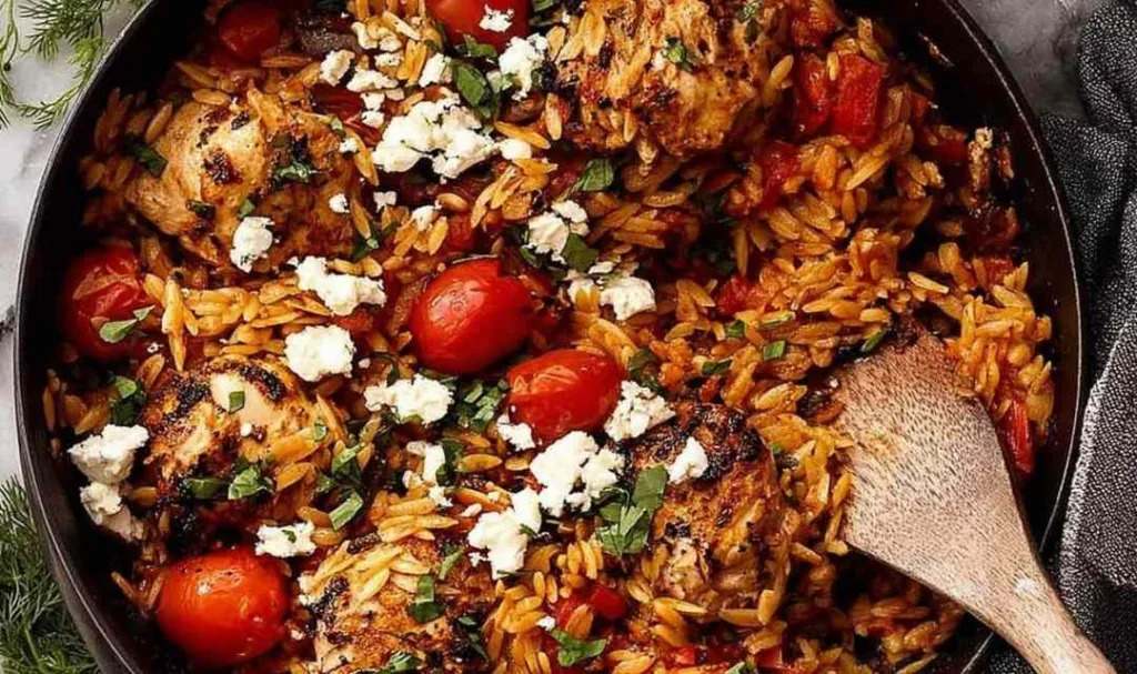 One pot Greek chicken orzo in a cast iron skillet with feta and cherry tomatoes