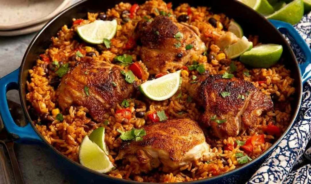 One pot Mexican chicken and rice with golden seared chicken thighs, black beans, corn, and cilantro in a cast iron skillet