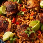 One pot Mexican chicken and rice with golden seared chicken thighs, black beans, corn, and cilantro in a cast iron skillet