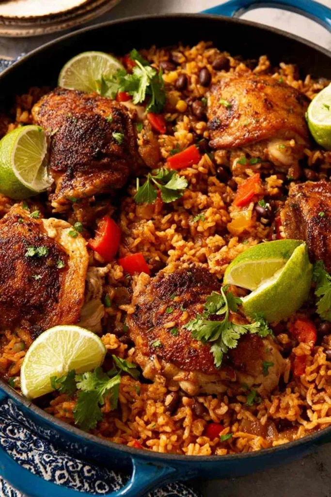 One pot Mexican chicken and rice with golden seared chicken thighs, black beans, corn, and cilantro in a cast iron skillet