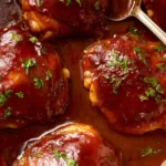 Oven baked BBQ chicken thighs with sticky homemade barbecue sauce in a glass baking dish