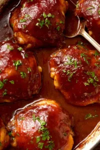 Oven baked BBQ chicken thighs with sticky homemade barbecue sauce in a glass baking dish