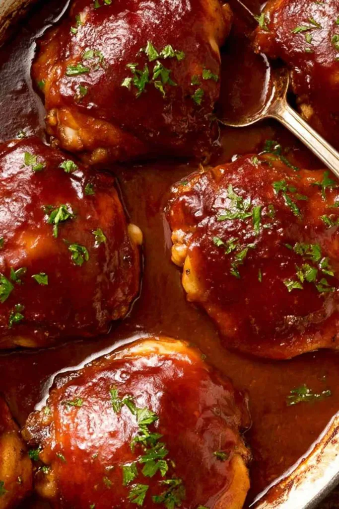 Oven baked BBQ chicken thighs with sticky homemade barbecue sauce in a glass baking dish
