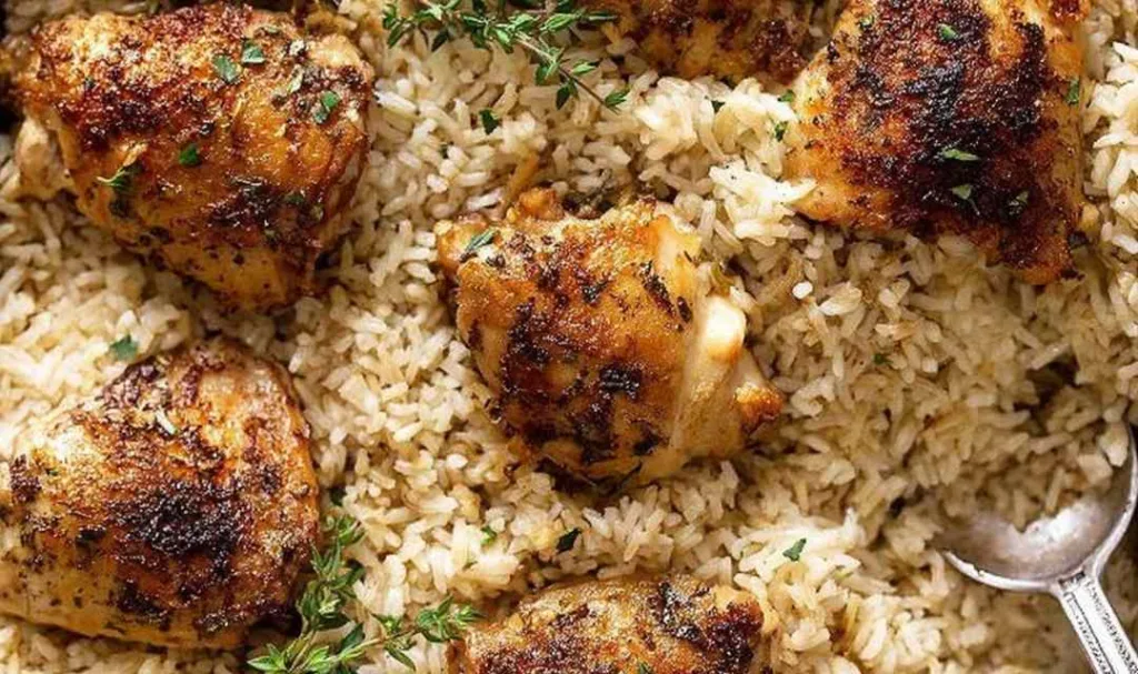 Oven baked chicken and rice in a white baking dish fresh from the oven