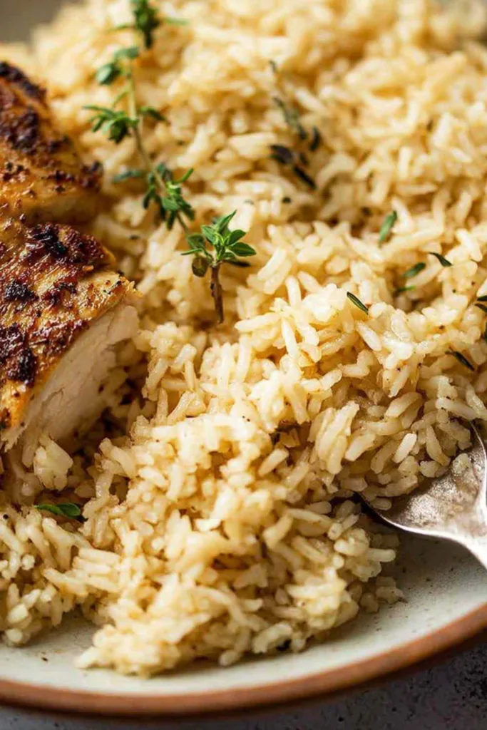 Oven baked chicken and rice in a white baking dish fresh from the oven