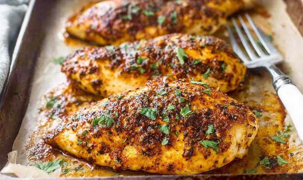 Juicy oven baked chicken breast on a baking tray golden and caramelized