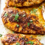 Juicy oven baked chicken breast on a baking tray golden and caramelized