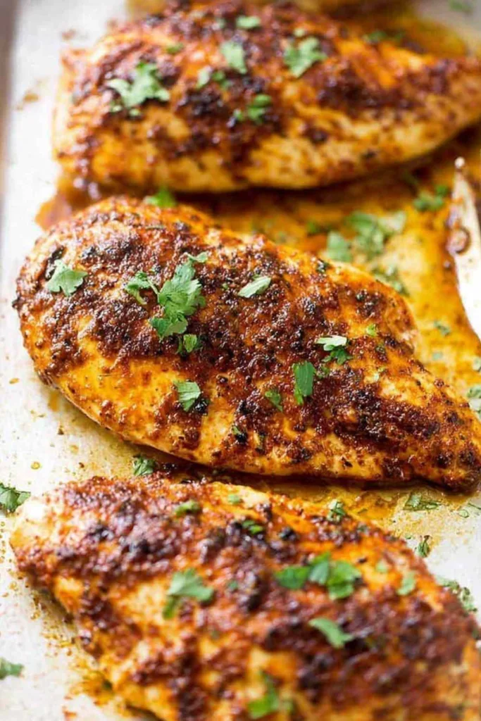 Juicy oven baked chicken breast on a baking tray golden and caramelized