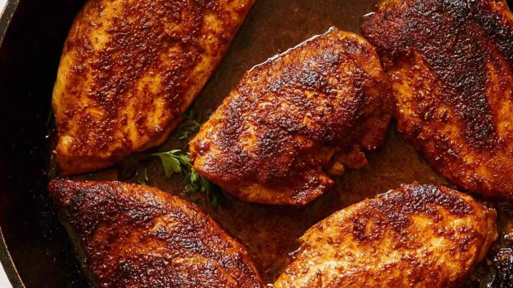 Pan-Seared Chicken Breast with Butter Sauce on a white plate