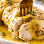Perfectly poached chicken breast sliced on a wooden board, juicy and tender