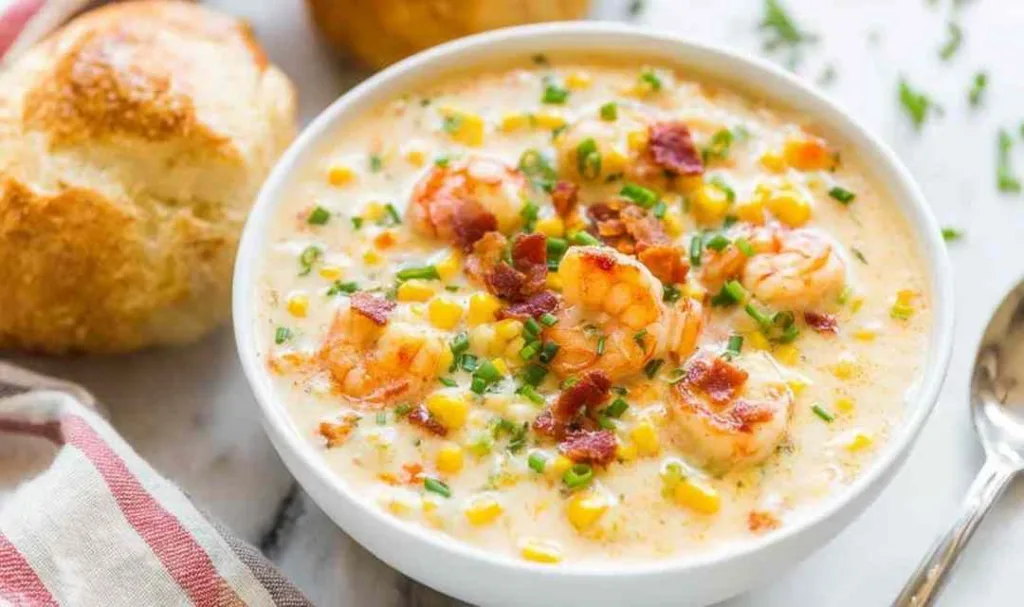 Creamy shrimp corn chowder with bacon in a white bowl