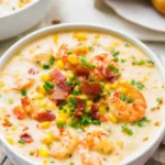 Creamy shrimp corn chowder with bacon in a white bowl