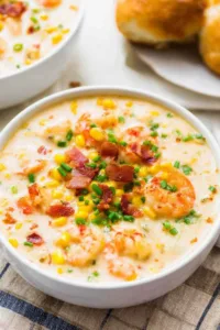 Creamy shrimp corn chowder with bacon in a white bowl