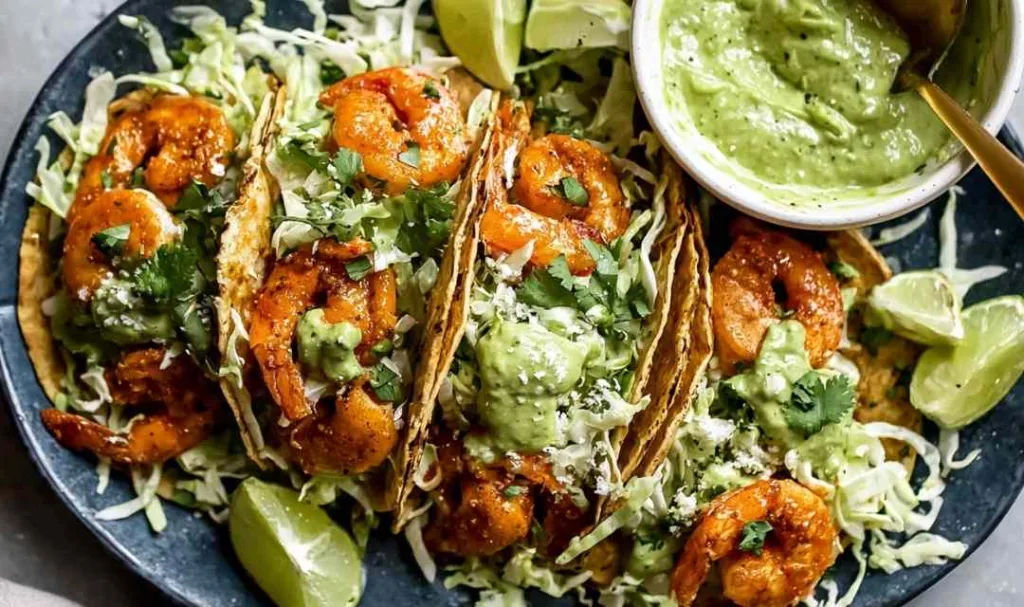 Fast and easy shrimp tacos topped with avocado crema and crispy cabbage slaw on corn tortillas