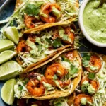 Fast and easy shrimp tacos topped with avocado crema and crispy cabbage slaw on corn tortillas