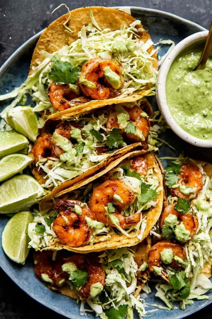 Fast and easy shrimp tacos topped with avocado crema and crispy cabbage slaw on corn tortillas