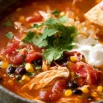 slow cooker Mexican chicken soup in a white bowl topped with sour cream cilantro and avocado