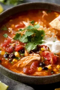 slow cooker Mexican chicken soup in a white bowl topped with sour cream cilantro and avocado