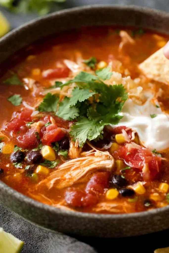 slow cooker Mexican chicken soup in a white bowl topped with sour cream cilantro and avocado