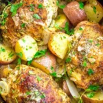 Slow cooker garlic parmesan chicken thighs with baby potatoes garnished with fresh parsley
