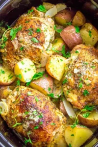 Slow cooker garlic parmesan chicken thighs with baby potatoes garnished with fresh parsley