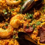 spanish paella recipe in a skillet with saffron rice prawns mussels and chorizo