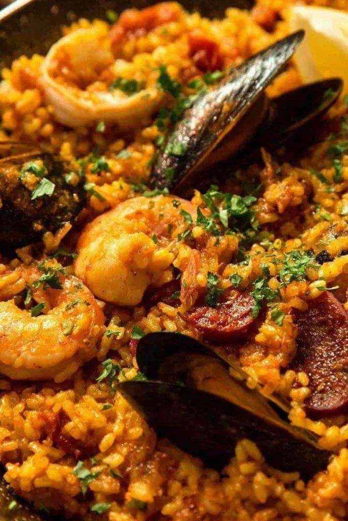 spanish paella recipe in a skillet with saffron rice prawns mussels and chorizo