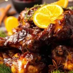 Sticky glazed Christmas chicken thighs and drumsticks piled on a platter with orange slices and leafy greens