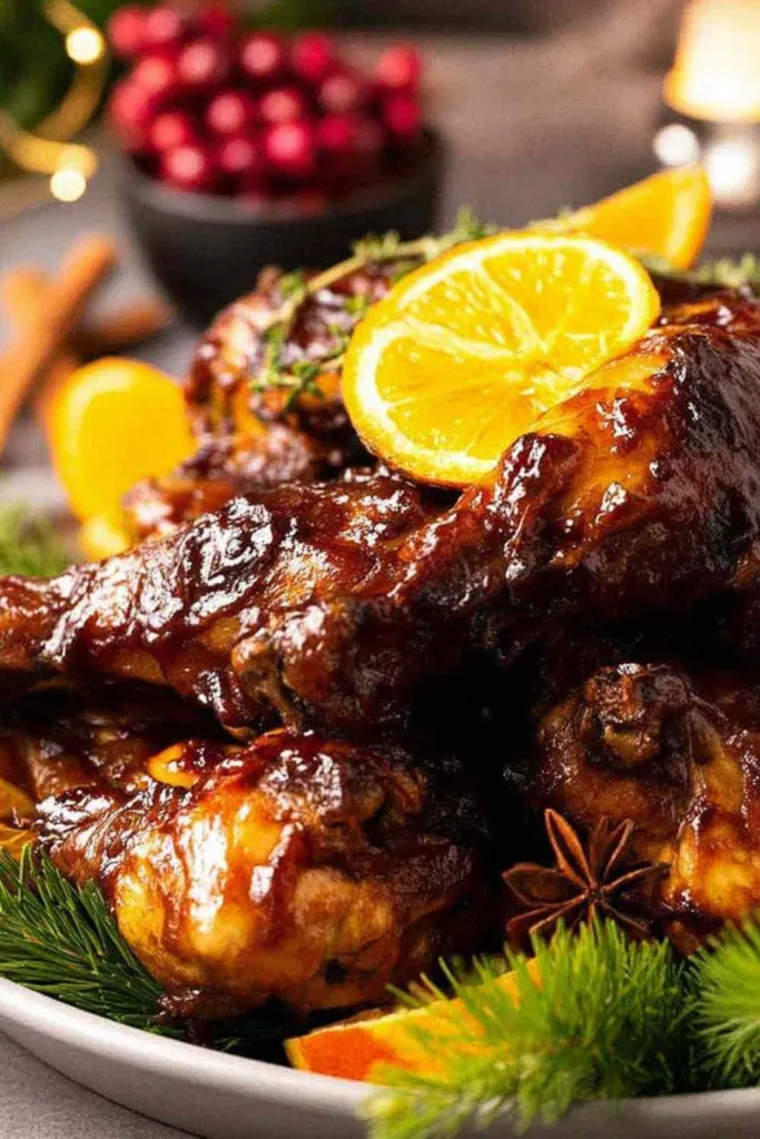 Sticky glazed Christmas chicken thighs and drumsticks piled on a platter with orange slices and leafy greens