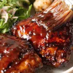 Sticky grilled chicken thighs on a BBQ grill with caramelized glaze