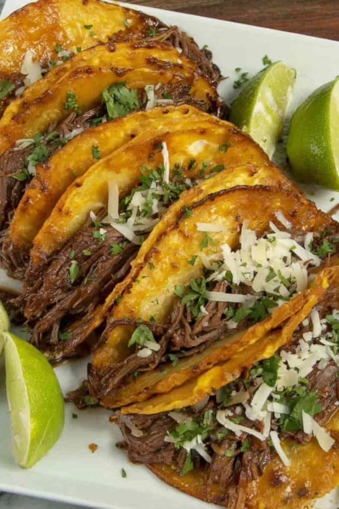 Street Corn Crockpot Shredded Beef Tacos on a white plate