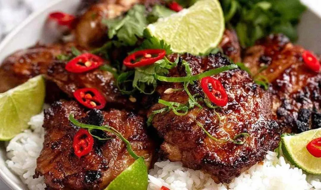 Juicy Thai Grilled Chicken Gai Yang on a white plate with lime wedges