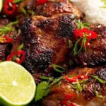 Juicy Thai Grilled Chicken Gai Yang on a white plate with lime wedges