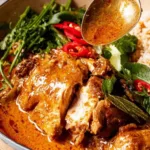 Thai Red Curry Pot Roast Chicken on a serving platter with potatoes and green beans
