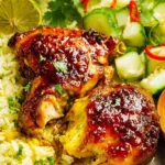 Thai Turmeric Chicken thighs golden and sticky on a parchment-lined baking tray fresh from the oven