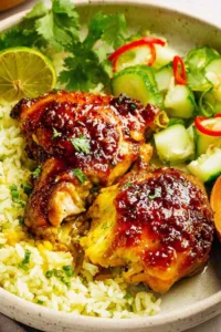 Thai Turmeric Chicken thighs golden and sticky on a parchment-lined baking tray fresh from the oven