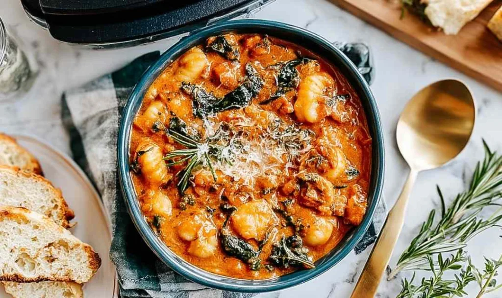 Tomato gnocchi soup slow cooker recipe in a bowl topped with breadcrumbs