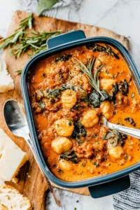 Tomato gnocchi soup slow cooker recipe in a bowl topped with breadcrumbs