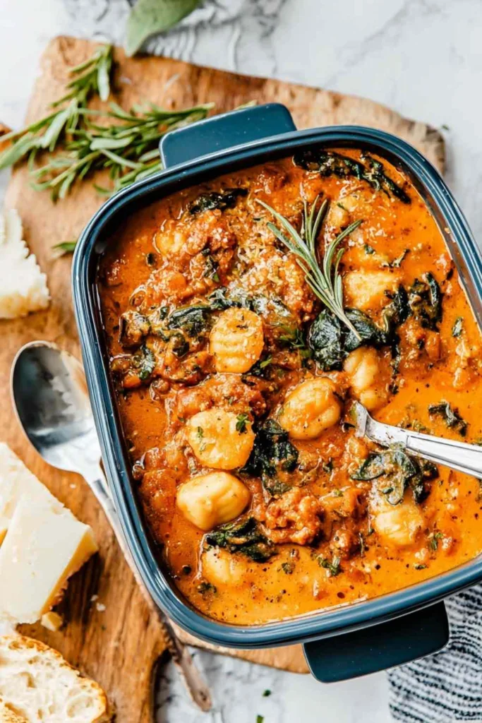 Tomato gnocchi soup slow cooker recipe in a bowl topped with breadcrumbs