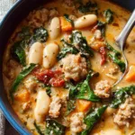 Tuscan white bean sausage soup in a bowl topped with Parmesan and chili flakes