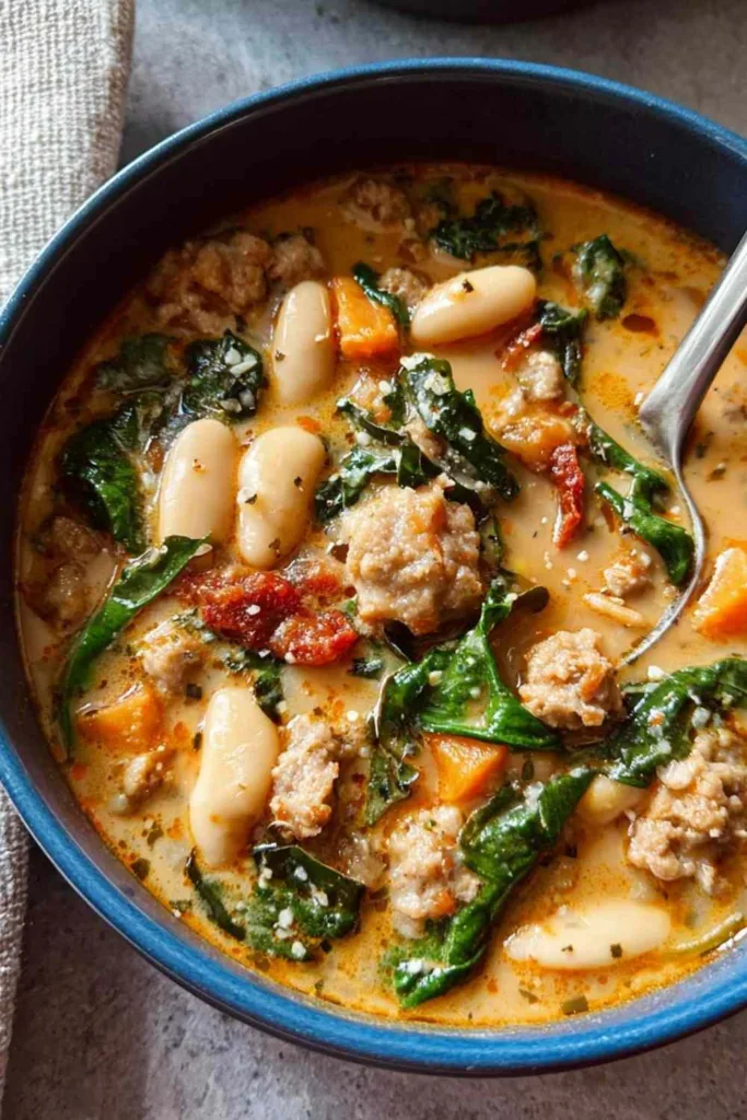 Tuscan white bean sausage soup in a bowl topped with Parmesan and chili flakes