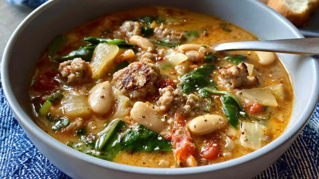 Tuscan white bean sausage soup in a bowl topped with Parmesan and chili flakes