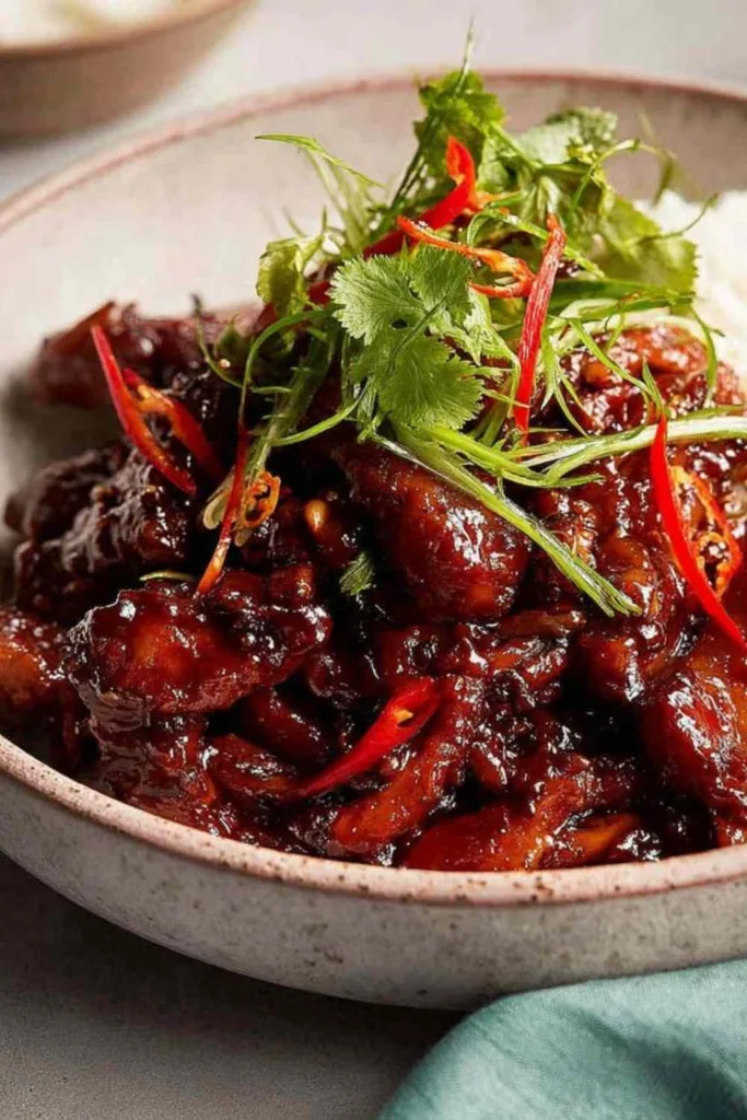 Vietnamese Caramel Ginger Chicken glazed chicken pieces served over jasmine rice with cilantro