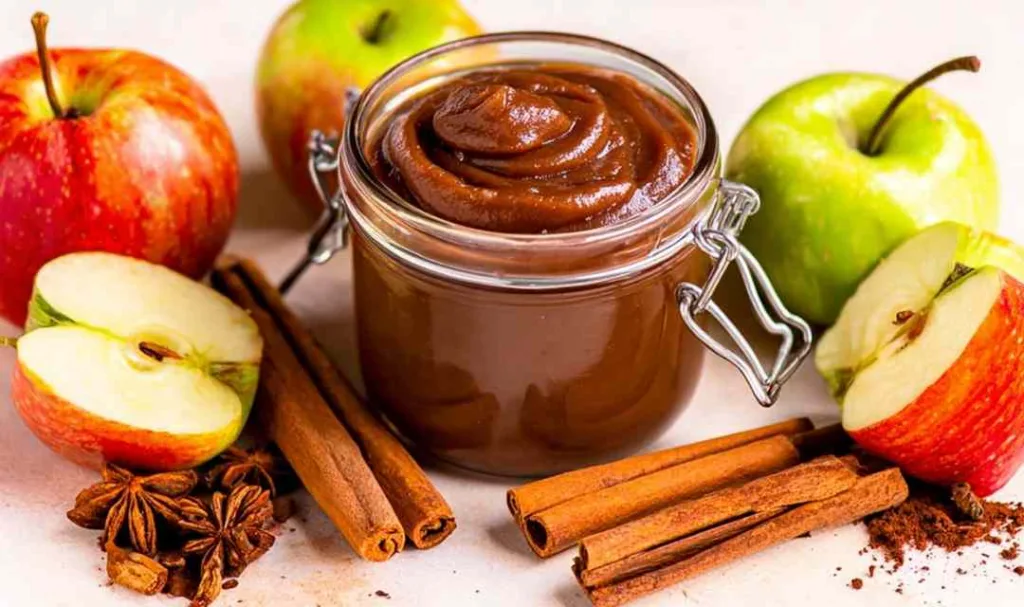 Homemade apple butter slow cooker recipe in mason jars with cinnamon sticks