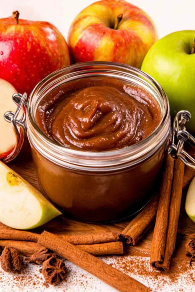 Homemade apple butter slow cooker recipe in mason jars with cinnamon sticks