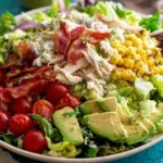 big quick chicken salad in a large bowl with avocado, bacon, and fresh vegetables