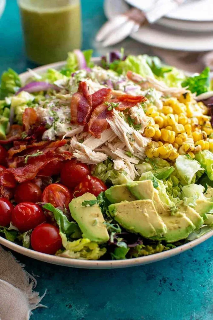 big quick chicken salad in a large bowl with avocado, bacon, and fresh vegetables